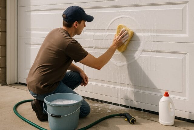 Is Your Garage Door Making Weird Noises? Try This Maintenance Routine 2 Man performing garage door maintenance by cleaning garage door panels with sponge, soap, and water." Let me know if you’d like to highlight specific tools or focus on seasonal cleaning.
