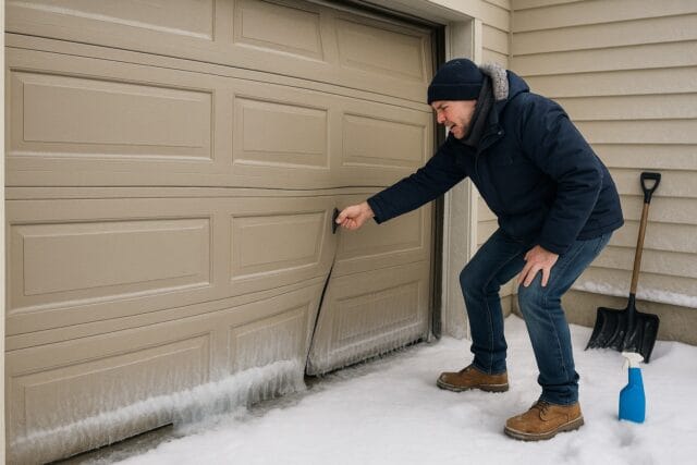 Man struggling to open a frozen and damaged garage door during winter, requiring emergency garage door repair.