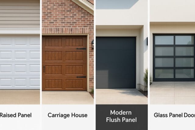 New Garage Door Installation Made Easy: A Step-by-Step Guide for Homeowners 2 A new garage door installation comparison showing four distinct styles: Raised Panel, Carriage House, Modern Flush Panel, and Glass Panel Door, each fitted on different home exteriors, illustrating how various designs enhance curb appeal.
