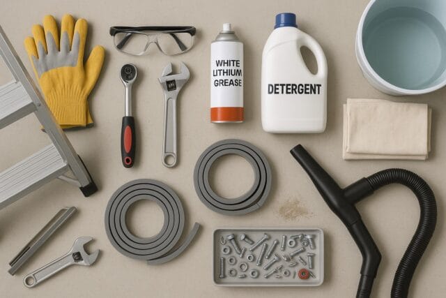Is Your Garage Door Making Weird Noises? Try This Maintenance Routine 1 Essential tools and materials for garage door maintenance including gloves, safety goggles, wrenches, lithium grease spray, vacuum hose, weather stripping, bolts, and cleaning cloths arranged on a work surface."