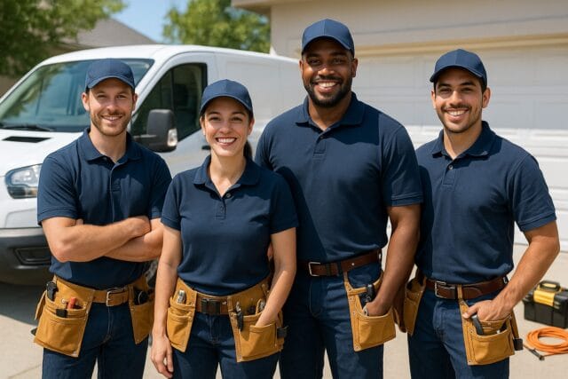 Team of Alpine Garage Doors New England technicians ready to provide expert emergency garage door repair services.