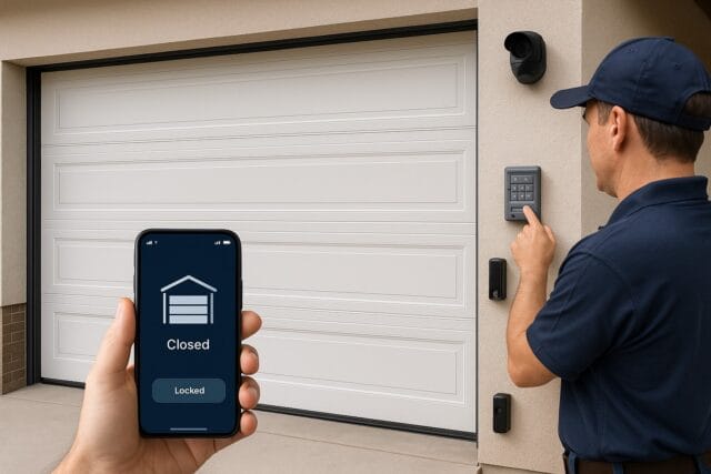 New Garage Door Installation Made Easy: A Step-by-Step Guide for Homeowners 1 New garage door installation with roll-up style, smart opener setup, safety sensors, keypad entry, and app showing locked status.