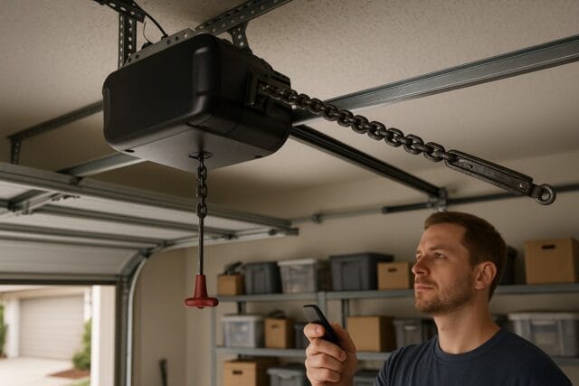 The Ultimate Guide to Choosing the Right New Garage Door for Your Property 2 Man testing a chain-drive opener for a new garage door inside a residential garage with organized storage shelves.