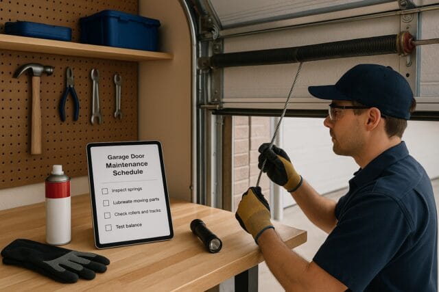Technician performing garage door cable replacement while following a garage door maintenance schedule checklist on a tablet.