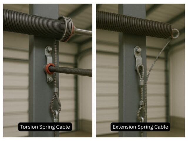Side-by-side comparison of torsion spring cable and extension spring cable setups used in garage door cable replacement systems.