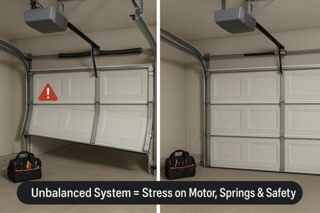 Is Garage Door Cable Replacement Dangerous? What Homeowners Need to Know 1 Comparison of garage door parts showing effects of unbalanced system on springs, motor, and safety.