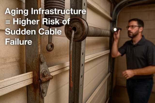 Is Garage Door Cable Replacement Dangerous? What Homeowners Need to Know 2 Technician inspecting rusty garage door parts highlighting risk of sudden cable failure.