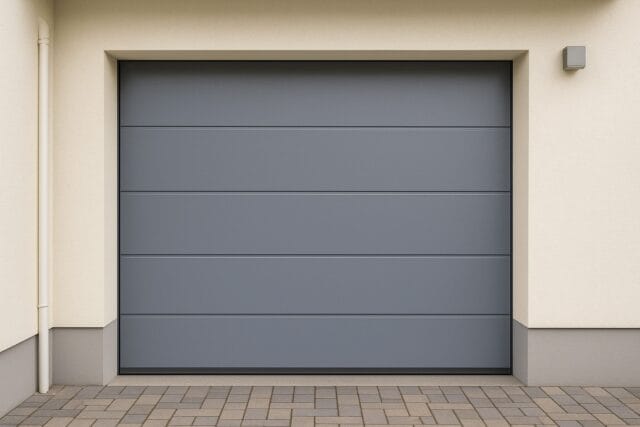 The Ultimate Guide to Choosing the Right New Garage Door for Your Property 1 sectional new garage door with a smooth gray sectional design, set against a modern cream exterior and tiled driveway.