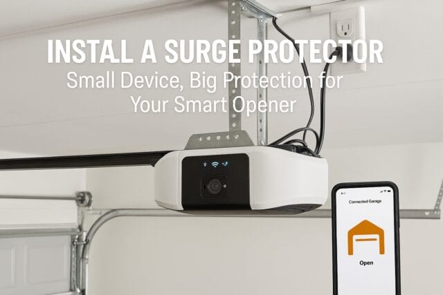 Garage Door Cable Replacement: Why It’s Critical to Prevent Future Issues 2 Smart garage door opener connected to surge protector with mobile app, promoting garage door service for secure and reliable operation.