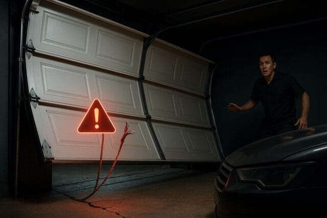 Garage Door Cable Replacement: Why It’s Critical to Prevent Future Issues 1 Man alarmed by garage door collapse due to snapped cables, highlighting urgent need for professional garage door service.