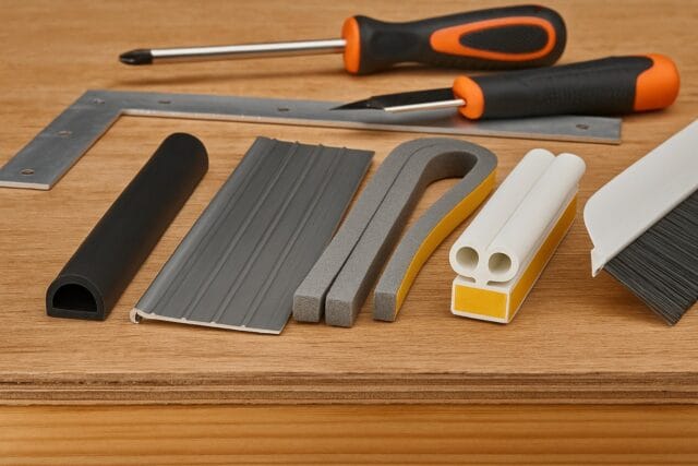 Assorted weather sealing materials and tools for doors and windows on a wooden surface.