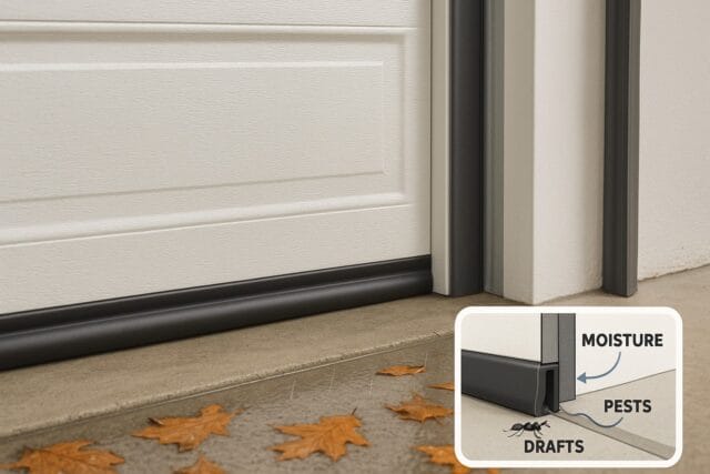 Garage door replacement with new bottom seal preventing drafts, moisture, and pests