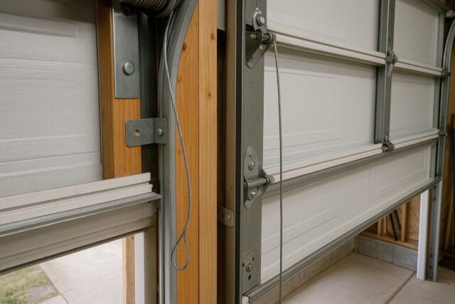 How Garage Door Cable Replacement Can Extend the Life of Your Garage Door 1 Close-up of garage door cable issue affecting garage door sensors.