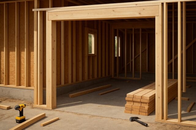 When to Replace the Garage Door Frame in Your Maine Home 2 Garage door framing in progress with wooden studs and construction tools
