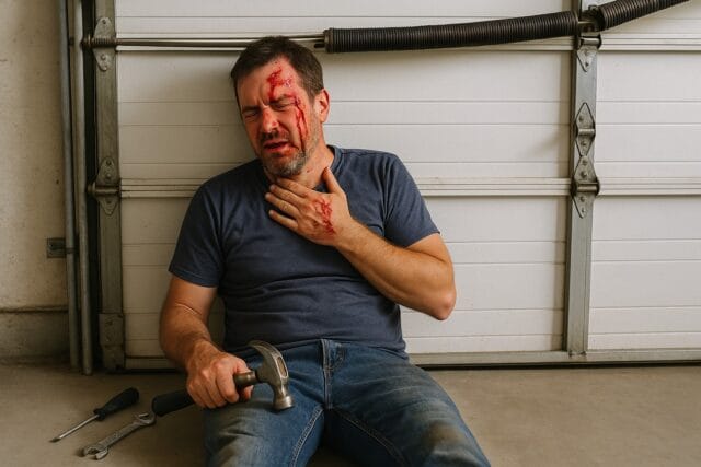 The Benefits of Garage Door Cable Replacement for Increasing Property Value 2 Injured man on garage floor possibly due to DIY fixing of garage door sensors.