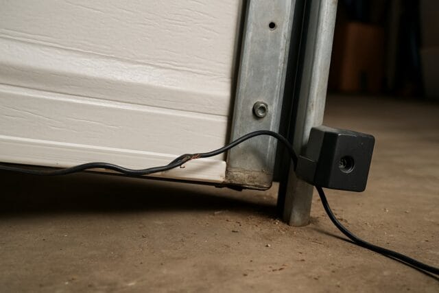 How Garage Door Cable Replacement Can Extend the Life of Your Garage Door 2 Damaged wire connected to garage door sensors near bottom of door.