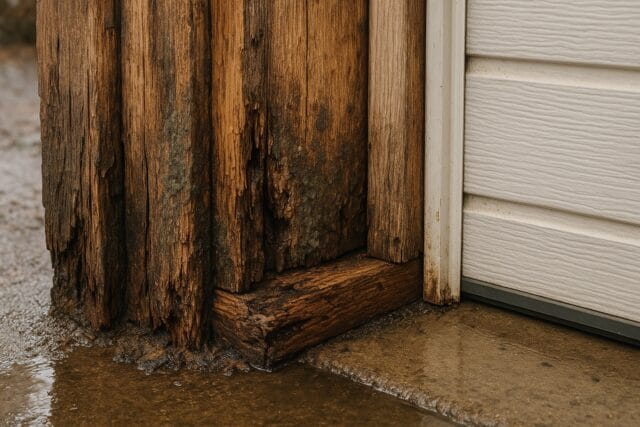 When to Replace the Garage Door Frame in Your Maine Home 1 Water-damaged garage door framing with rotting wood near base.