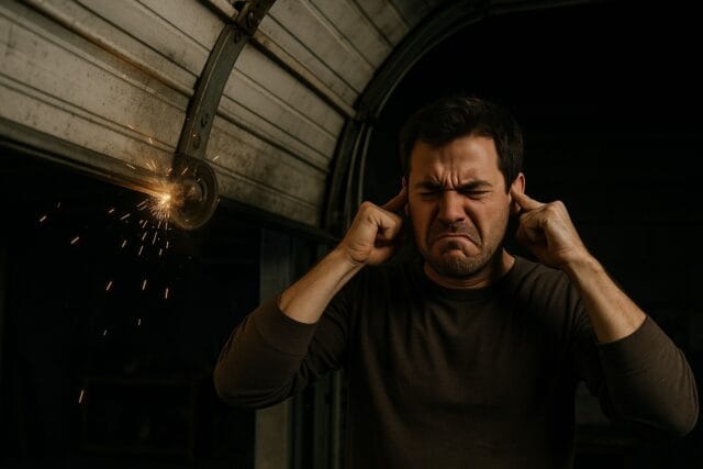 Essential Garage Door Repairs for Coastal Homes in Maine 1 Man covering ears from sparks and loud noise caused by broken garage door roller, showing need for garage door repair.