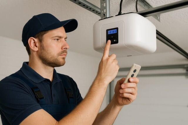 Essential Garage Door Repairs for Coastal Homes in Maine 2 Garage door repair technician programming a smart garage door opener with remote control.