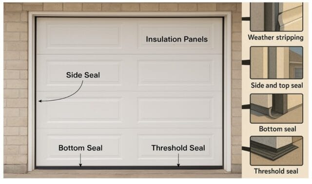 Diagram of garage door weather sealing with labeled side, bottom, and threshold seals for insulation.