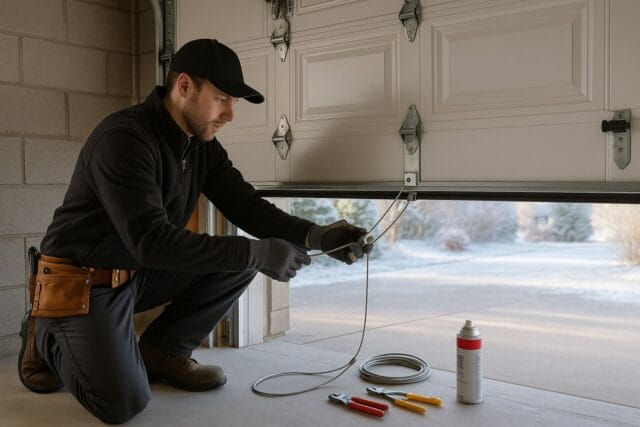 How to Repair Garage Door Damage from Harsh Winters in Maine Homes 2 Technician working to repair garage door cable with tools and lubricant during maintenance service.