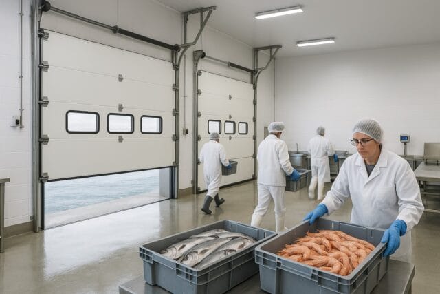 Garage Door Types That Work Best in Maine’s Cold Winters and Coastal Climate Explained 1 Workers handling seafood inside facility with modern garage doors.
