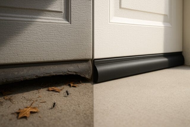 How Garage Door Weather Stripping Protects Maine Homes from Harsh Winters 2 Before and after garage door weather stripping showing improved bottom seal against pests and debris.