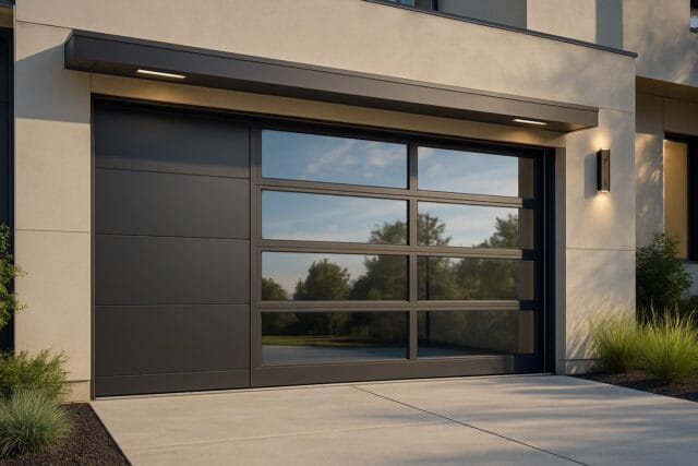 Garage Door Types That Work Best in Maine’s Cold Winters and Coastal Climate Explained 2 Sleek black modern garage doors with glass panels on contemporary home.