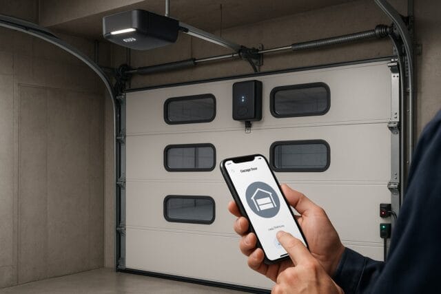 How Weather Conditions Affect the Need for Commercial Garage Door Repair in Maine 2 Technician using smartphone app to test opener during commercial garage door repair.