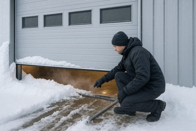 How Weather Conditions Affect the Need for Commercial Garage Door Repair in Maine 1 Technician checking winter damage and gaps during commercial garage door repair.