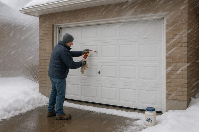 How to Repair Garage Door Damage from Harsh Winters in Maine Homes 1 Man applying de-icer to repair garage door during heavy snow and freezing winter conditions.