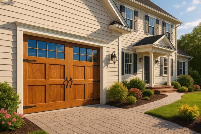 Beautiful home exterior after a Garage door tune-up, featuring a well-maintained wooden garage door enhancing curb appeal and functionality.