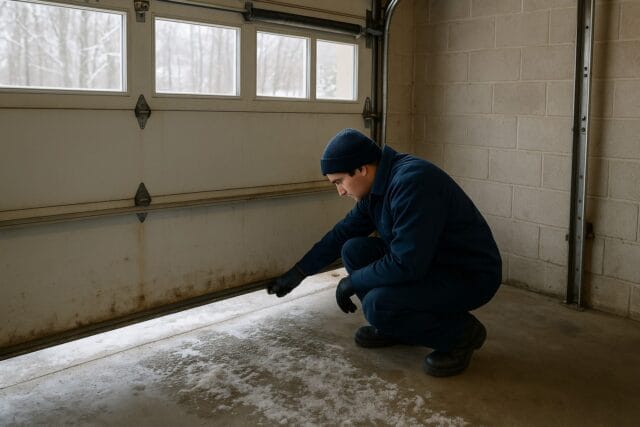Expert Garage Door Maintenance in Maine: Reliable Service for Your Home 1 Technician performing garage door maintenance by checking bottom seal for air leaks and winter weather protection.