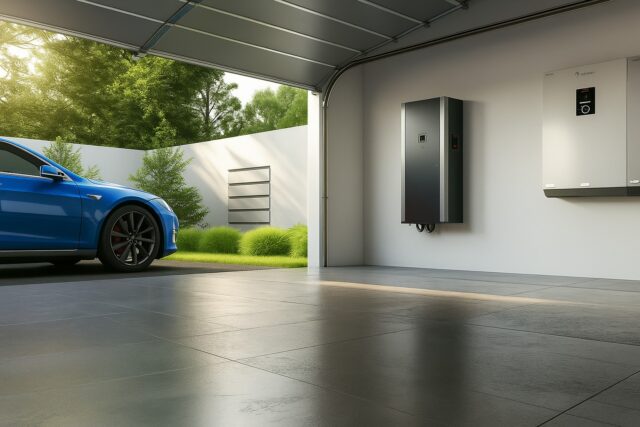 The Complete Guide to Garage Door Opener Repair in Maine – What You Need to Know 2 Modern energy-efficient garage interior with open door after a garage door opener repair, featuring a blue electric car and advanced wall-mounted systems.