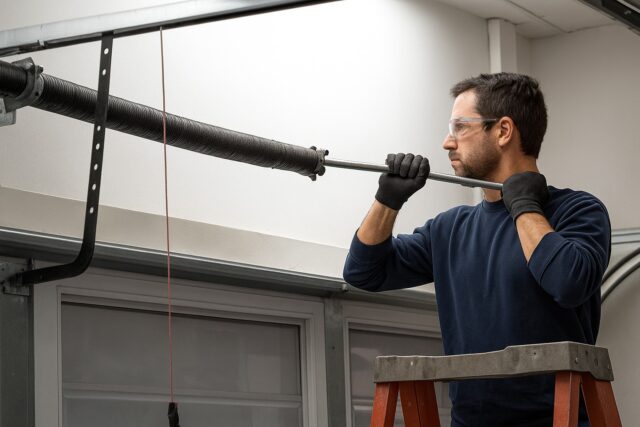 DIY vs. Professional Garage Door Repair: What’s the Safer Option? 1 Garage door repair technician replacing a torsion spring while standing on a ladder, wearing safety glasses and gloves.